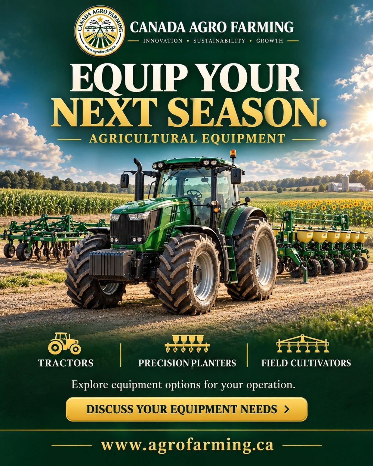 Illustration of tractors, precision planters, and field cultivators.
