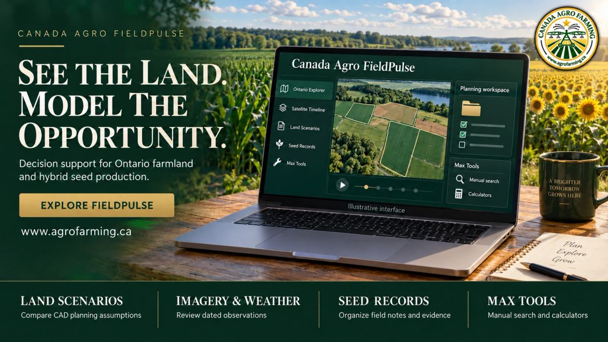 Illustration of Canada Agro FieldPulse with farmland maps, land scenarios, imagery and weather, and farm records.