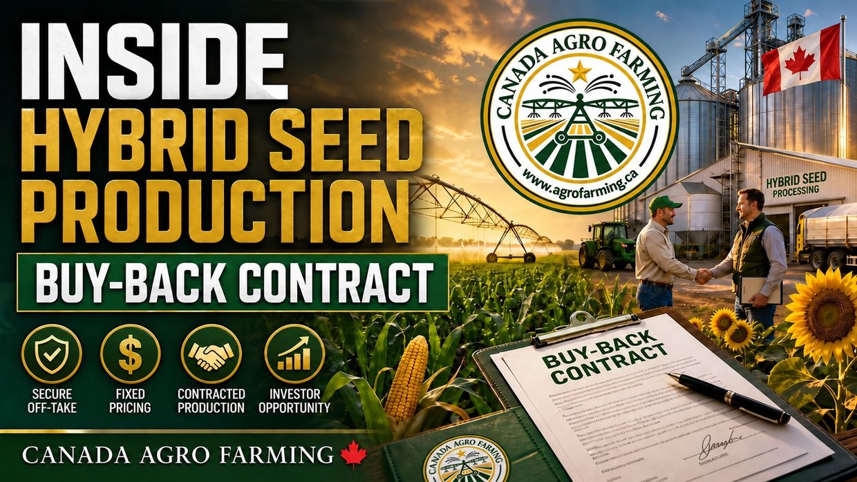 Illustration of corn and sunflower fields, irrigation, seed processing, and a buyback agreement.