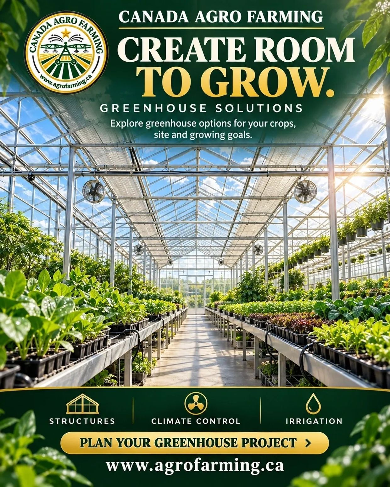 Illustration of greenhouse structures, climate control, and irrigation.