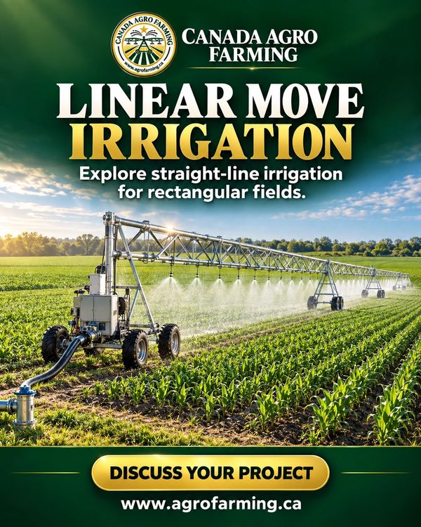 Linear move irrigation for Ontario farms. Rectangular field coverage, water source, investment costs